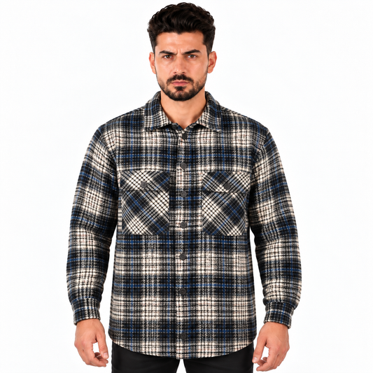 Men's Long Sleeve Plaid Checkered Shirt with Button Closure and Double Chest Pockets - Black