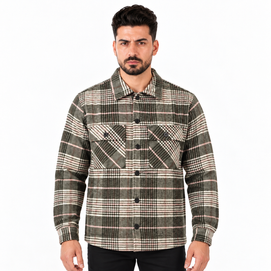 Men’s Plaid Button-Up Shacket – Long Sleeve Checkered Shirt Jacket with Chest Pockets - Army