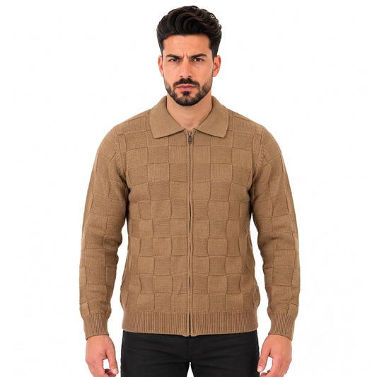 Men's Full Zip Knitted Cardigan Sweater with Polo Collar, Checkered Textured Pattern and Long Sleeves