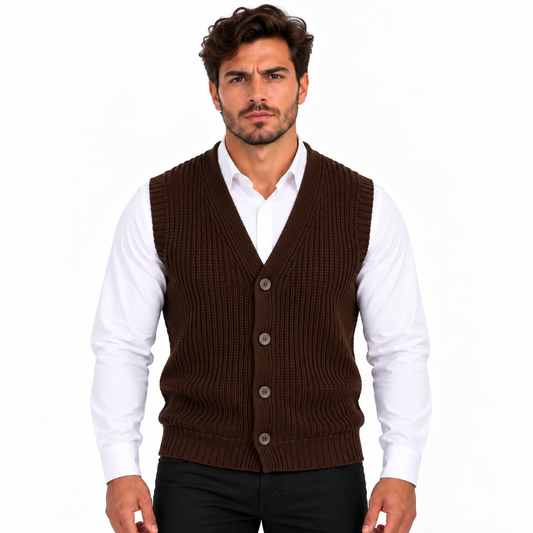 Men's Sleeveless Knitted Cardigan Vest – V-Neck Button Down Ribbed Sweater Waistcoat for Casual