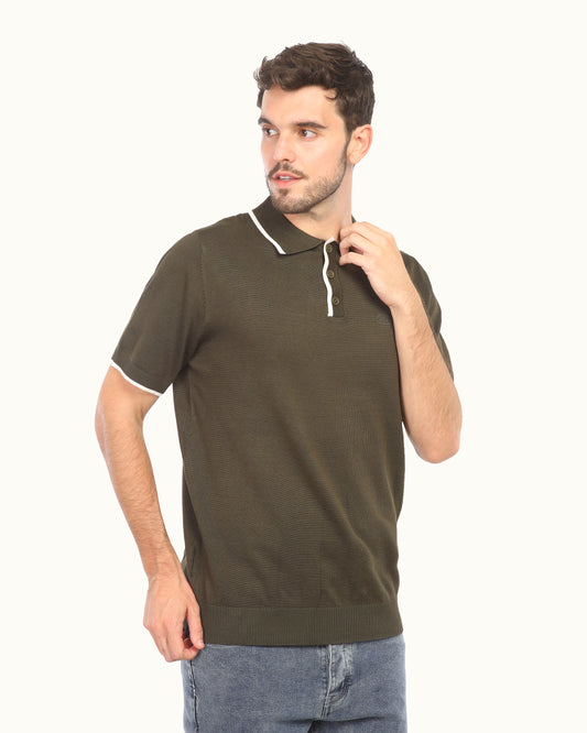 Men’s Knit Polo T-Shirt – Elegant Casual Half Sleeve Polo with Contrast Details