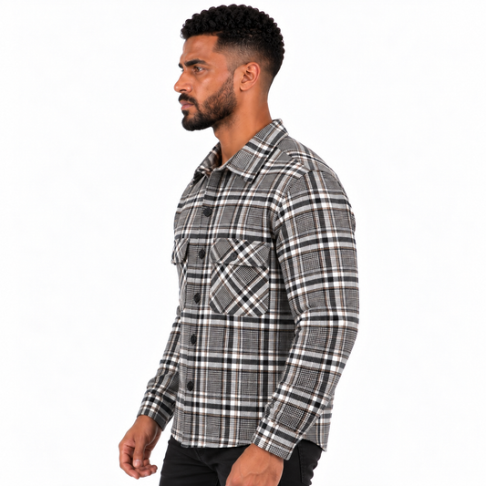 Men's Long Sleeve Plaid Shirt with Button Closure and Double Chest Pockets – Grey