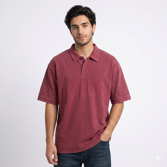 Men’s Washed Oversized Polo T-Shirt – Embroidered Casual Tee