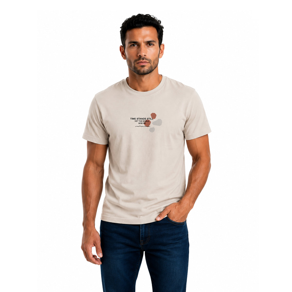 Men's Cotton Graphic Crewneck T-Shirt – "Time Stands Still" Print