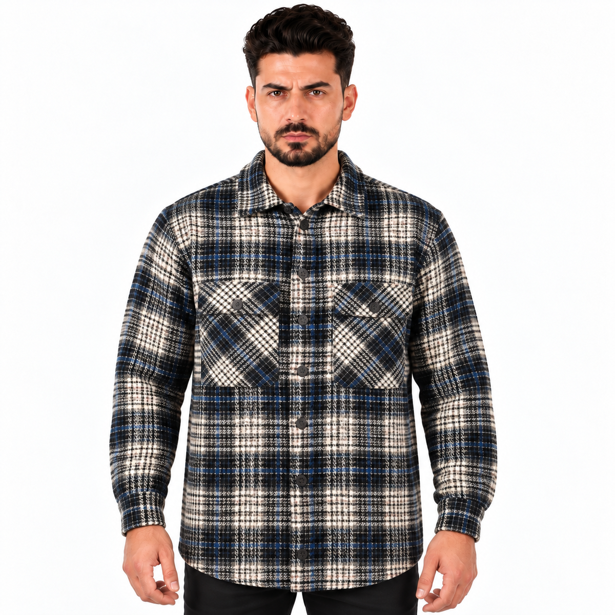 Men's Long Sleeve Plaid Checkered Shirt with Button Closure and Double Chest Pockets - Black