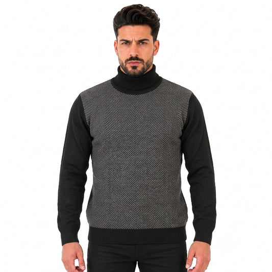 Men's Turtleneck Knitted Sweater with Herringbone Pattern, Long Sleeves and Ribbed Cuffs