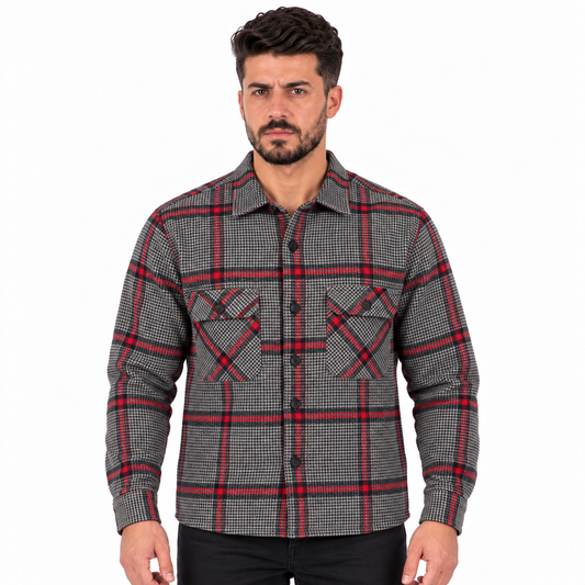 Men's Long Sleeve Plaid Checkered Shirt with Button Closure and Double Chest Pockets – Dark Grey