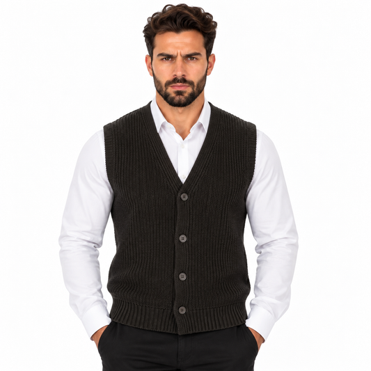 Men's Sleeveless Knitted Cardigan Vest – V-Neck Button Down Ribbed Sweater Waistcoat for Casual