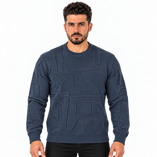 Men's Textured Knit Crew Neck Sweater – Long Sleeve Geometric Pattern Pullover Jumper