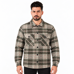 Men’s Plaid Button-Up Shacket – Long Sleeve Checkered Shirt Jacket with Chest Pockets - Army