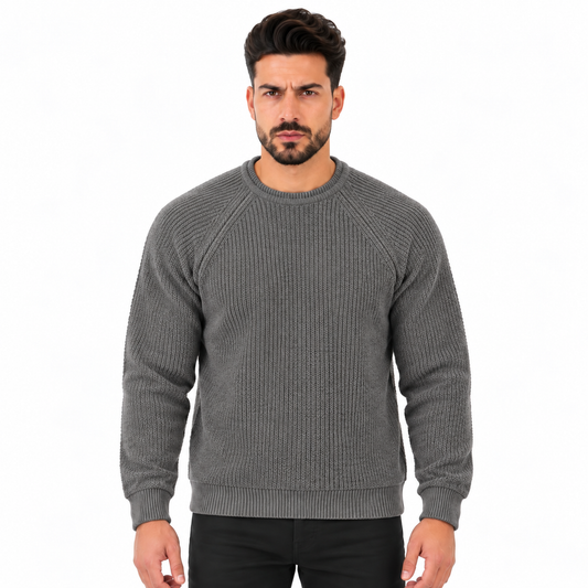 Men's Crew Neck Ribbed Knitted Sweater with Raglan Long Sleeves and Textured Pattern