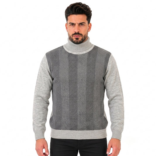 Men's Turtleneck Knitted Sweater with Herringbone Pattern, Long Sleeves and Ribbed Cuffs