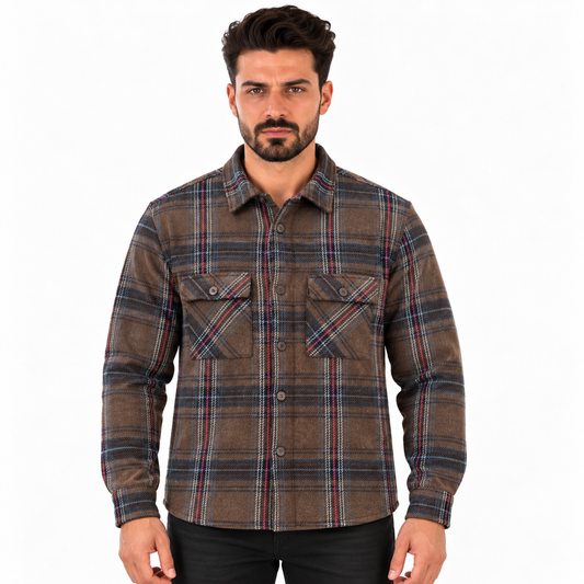 Men's Long Sleeve Plaid Flannel Shirt with Button Closure and Chest Pockets – Brown