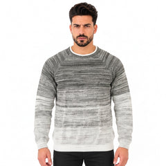Men's Crew Neck Knitted Sweater with Gradient Striped Pattern, Long Sleeves and Ribbed Cuffs