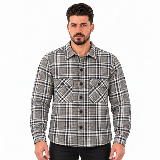 Men's Long Sleeve Plaid Shirt with Button Closure and Double Chest Pockets – Grey