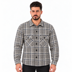 Men's Long Sleeve Plaid Shirt with Button Closure and Double Chest Pockets – Grey