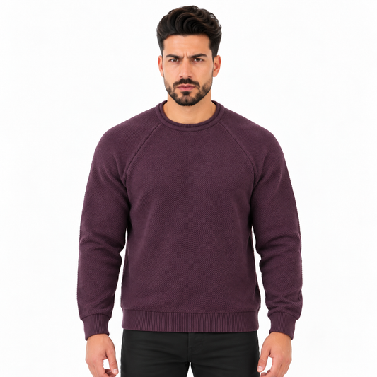 Men's Crew Neck Knitted Sweater with Textured Pattern, Raglan Sleeves and Ribbed Cuffs