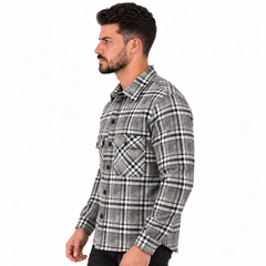 Men's Long Sleeve Plaid Shirt with Button Closure and Double Chest Pockets – Grey