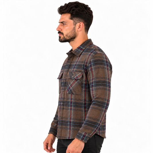Men's Long Sleeve Plaid Flannel Shirt with Button Closure and Chest Pockets – Brown