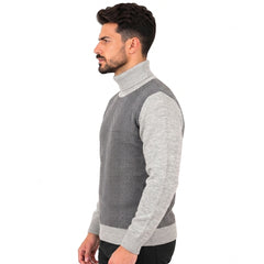 Men's Turtleneck Knitted Sweater with Herringbone Pattern, Long Sleeves and Ribbed Cuffs
