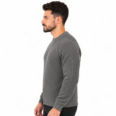 Men's Crew Neck Ribbed Knitted Sweater with Raglan Long Sleeves and Textured Pattern