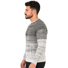 Men's Crew Neck Knitted Sweater with Gradient Striped Pattern, Long Sleeves and Ribbed Cuffs