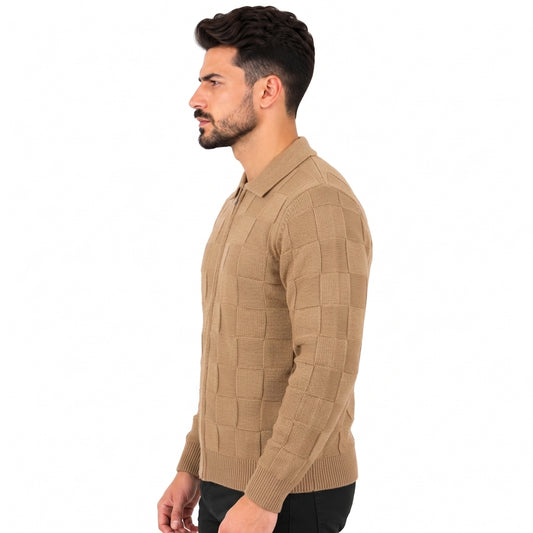 Men's Full Zip Knitted Cardigan Sweater with Polo Collar, Checkered Textured Pattern and Long Sleeves