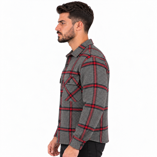 Men's Long Sleeve Plaid Checkered Shirt with Button Closure and Double Chest Pockets – Dark Grey