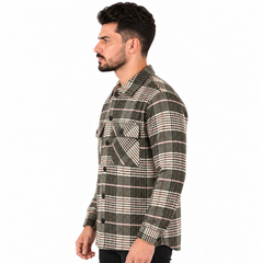 Men’s Plaid Button-Up Shacket – Long Sleeve Checkered Shirt Jacket with Chest Pockets - Army