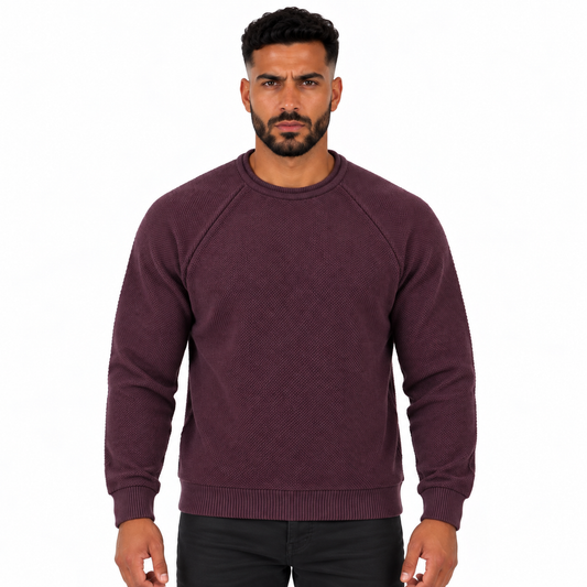 Men's Crew Neck Knitted Sweater with Textured Pattern, Raglan Sleeves and Ribbed Cuffs