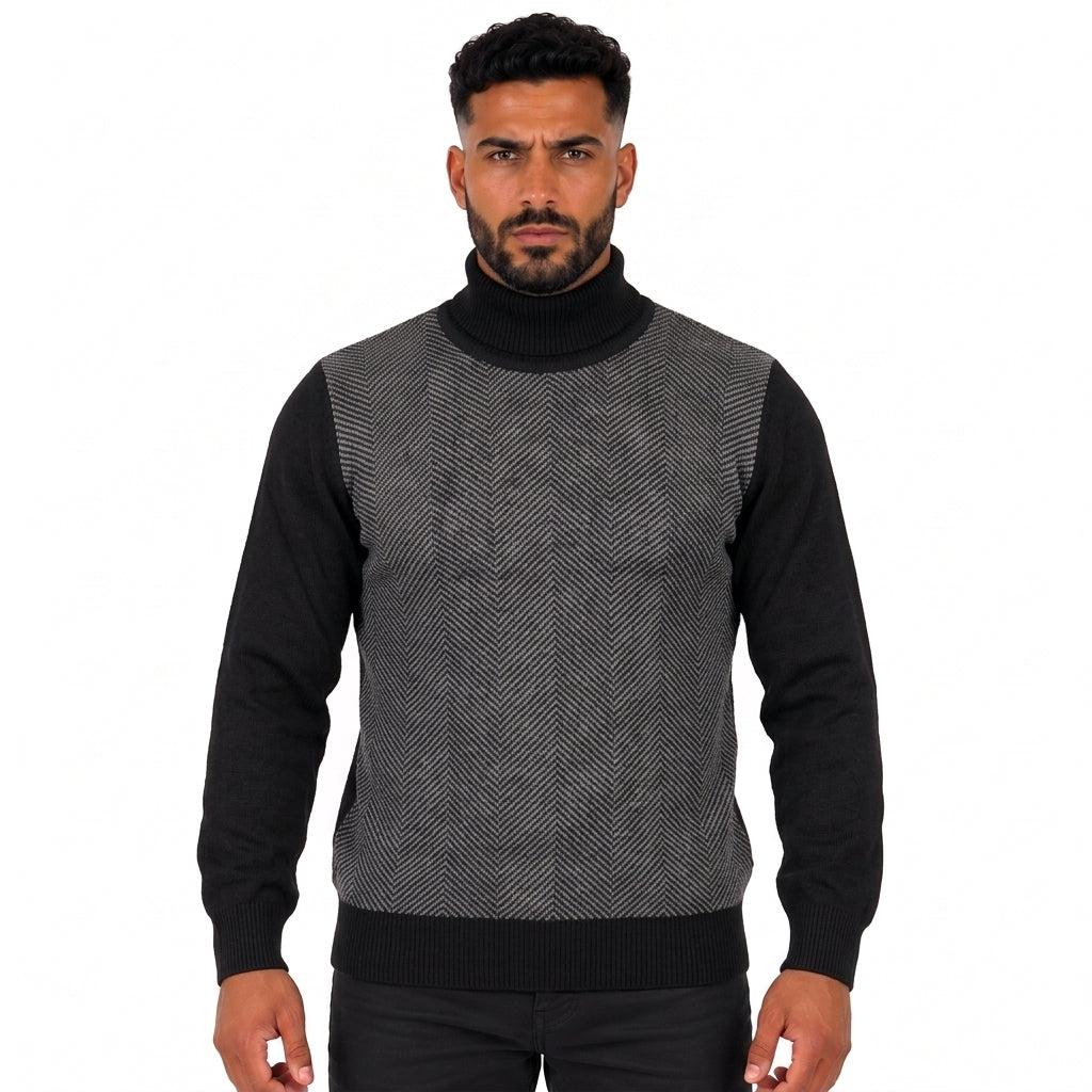 Men's Turtleneck Knitted Sweater with Herringbone Pattern, Long Sleeves and Ribbed Cuffs