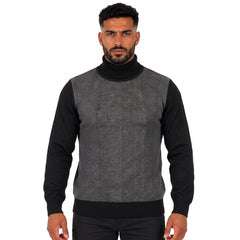 Men's Turtleneck Knitted Sweater with Herringbone Pattern, Long Sleeves and Ribbed Cuffs