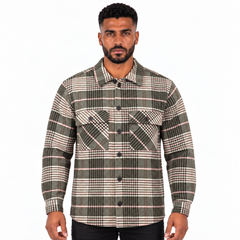 Men’s Plaid Button-Up Shacket – Long Sleeve Checkered Shirt Jacket with Chest Pockets - Army