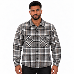 Men's Long Sleeve Plaid Shirt with Button Closure and Double Chest Pockets – Grey