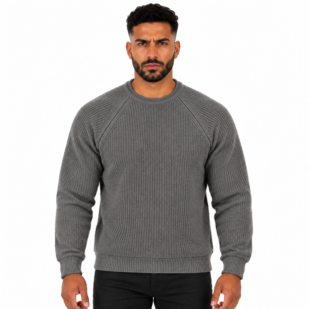 Men's Crew Neck Ribbed Knitted Sweater with Raglan Long Sleeves and Textured Pattern