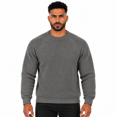 Men's Crew Neck Ribbed Knitted Sweater with Raglan Long Sleeves and Textured Pattern
