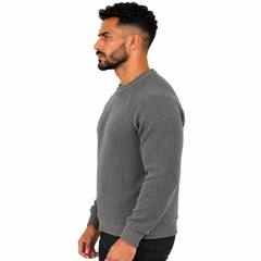 Men's Crew Neck Ribbed Knitted Sweater with Raglan Long Sleeves and Textured Pattern
