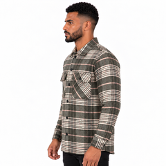Men’s Plaid Button-Up Shacket – Long Sleeve Checkered Shirt Jacket with Chest Pockets - Army