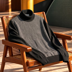 Men's Turtleneck Knitted Sweater with Herringbone Pattern, Long Sleeves and Ribbed Cuffs