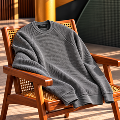 Men's Crew Neck Ribbed Knitted Sweater with Raglan Long Sleeves and Textured Pattern