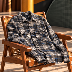 Men's Long Sleeve Plaid Checkered Shirt with Button Closure and Double Chest Pockets - Black