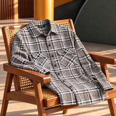 Men's Long Sleeve Plaid Shirt with Button Closure and Double Chest Pockets – Grey