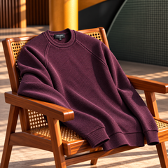 Men's Crew Neck Knitted Sweater with Textured Pattern, Raglan Sleeves and Ribbed Cuffs