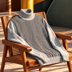 Men's Turtleneck Knitted Sweater with Herringbone Pattern, Long Sleeves and Ribbed Cuffs