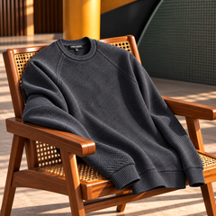 Men's Crew Neck Knitted Sweater with Textured Pattern, Raglan Sleeves and Ribbed Cuffs