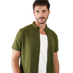 Men’s Textured Short Sleeve Button-Up Shirt – Mandarin Collar Casual Overshirt