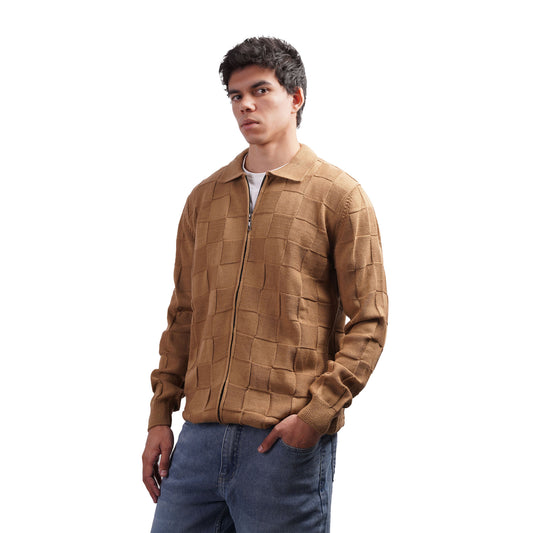 Men’s Zip-Up Knitted JacketTextured Long Sleeve Sweater Jacket