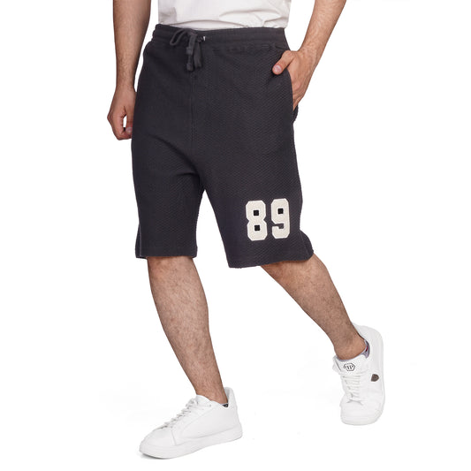 Men's Textured Knit Sweat Shorts with Drawstring Waist & Embroidered 89 Patch