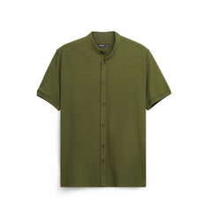 Men’s Textured Short Sleeve Button-Up Shirt – Mandarin Collar Casual Overshirt