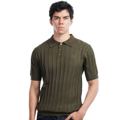 Men’s Knit Polo Shirt – Slim Fit Vertical Stripe Textured Summer Top